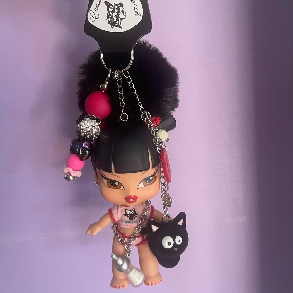 Charming Black and Pink Doll Keychain with Cat Charm